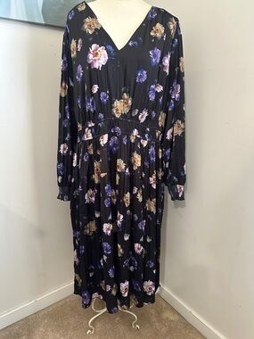 V-Neck Black Maxi Dress with Purple & Cream Floral Print